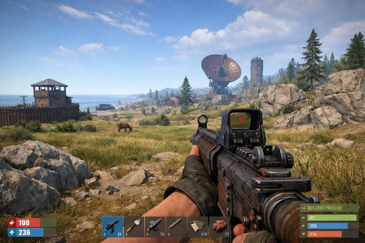 A fortified survival base in the video game Rust