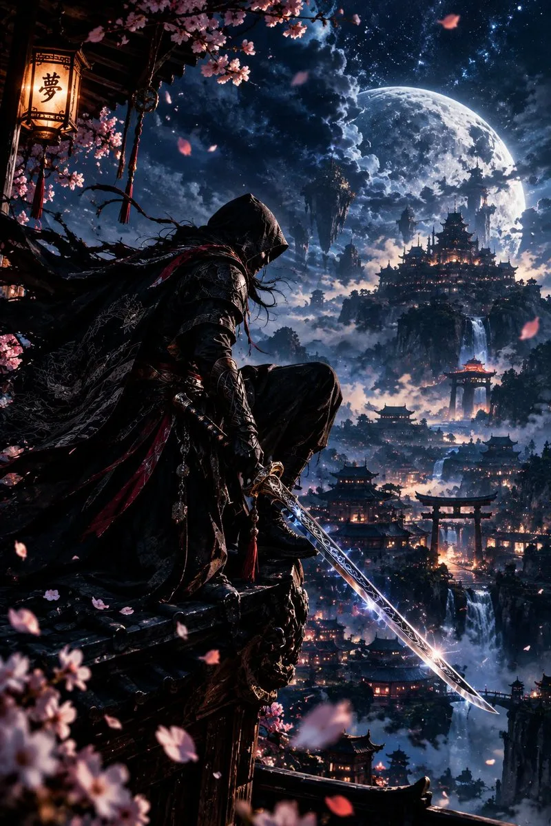 Hooded assassin with glowing katana crouching on a temple rooftop overlooking a floating city.