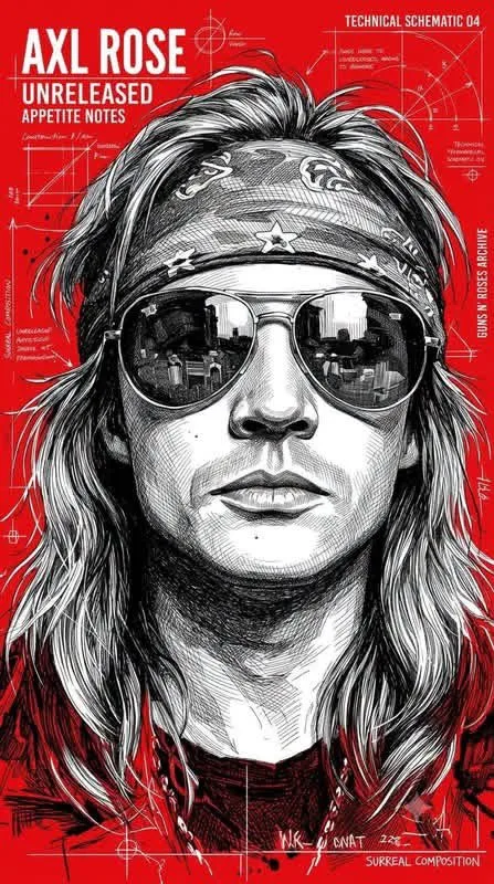Monochrome black ink portrait with cross-hatching against a vivid red background with white typography.