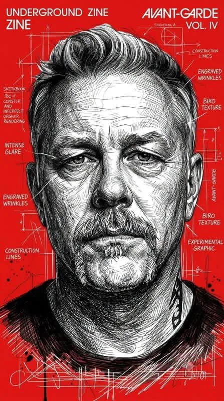 Monochrome black ink portrait with cross-hatching against a vivid red background with white typography. (2)