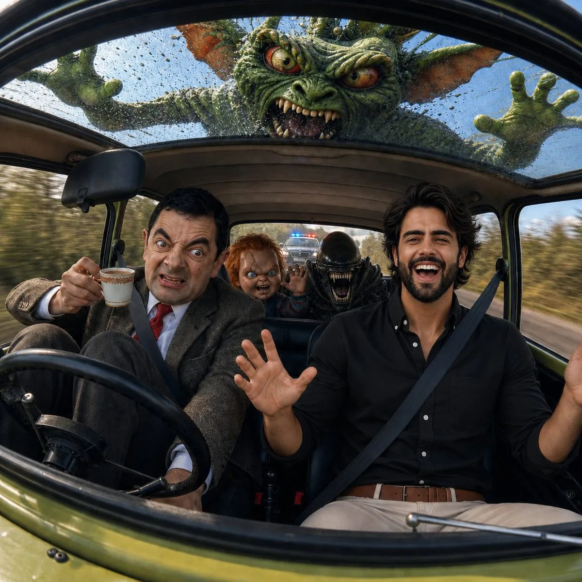 Mr. Bean driving a speeding Mini Cooper with chaotic passengers and police chase.