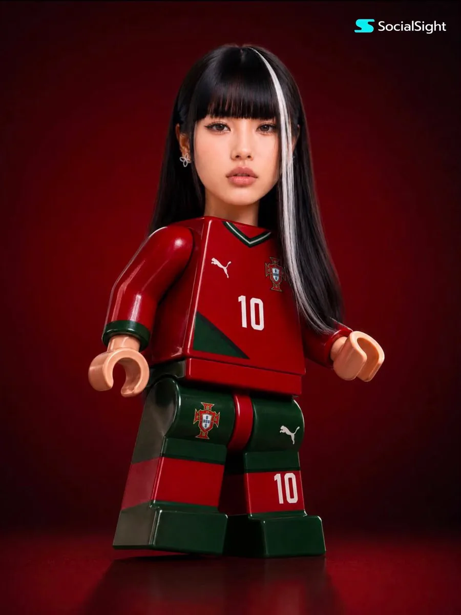 A detailed collectible soccer minifigure with a realistic face standing in a studio.