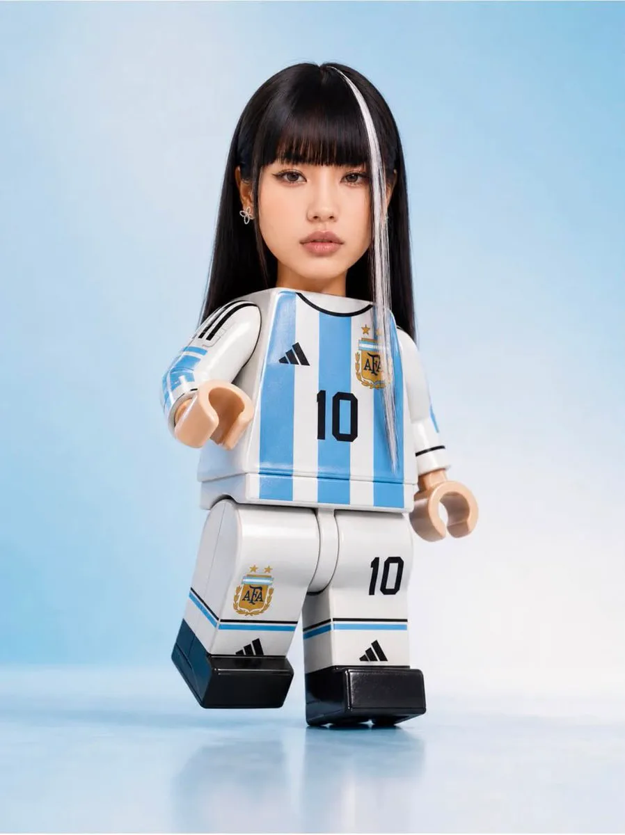 A detailed collectible soccer minifigure with a realistic face standing in a studio. (4)