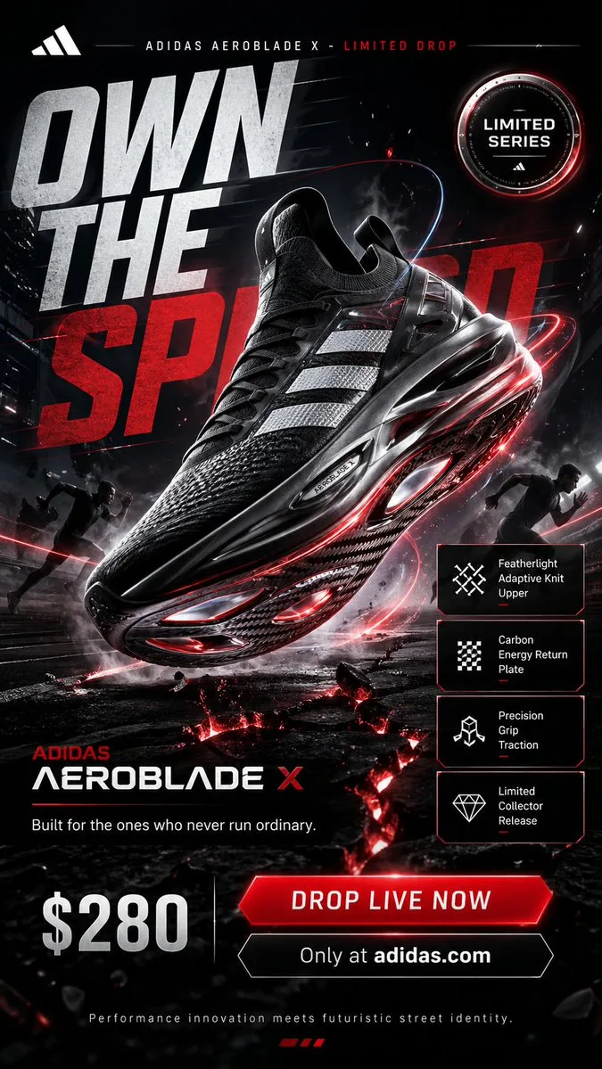 Futuristic Adidas Aeroblade X sneaker floating on a glowing track in a premium ad poster.
