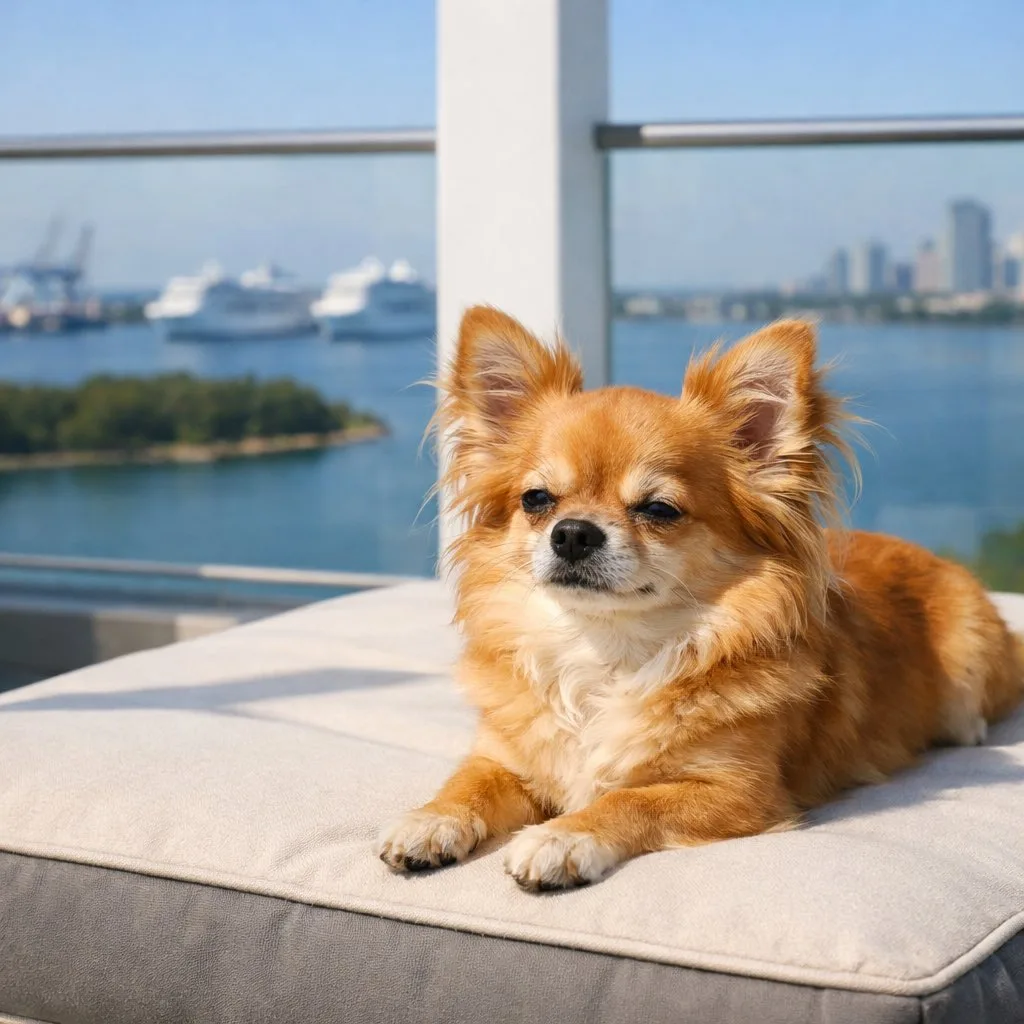A fluffy long-haired chihuahua resting on a beige cushion on a sunny balcony.