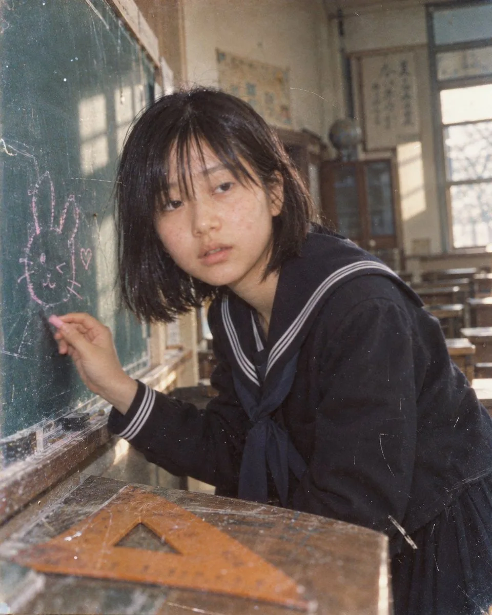 A Japanese schoolgirl in a sailor uniform standing in a vintage classroom with chalk art.