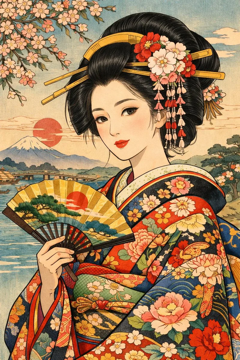 Illustration of a woman in vibrant traditional Japanese patterned clothing.