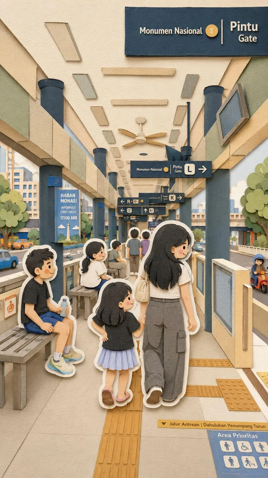 Cute paper-cut style kawaii family travel collage with layered cardboard textures.
