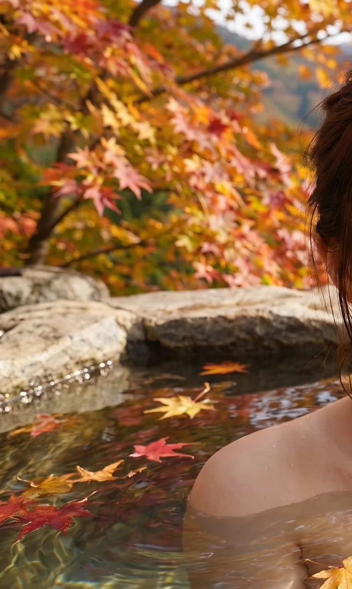A woman relaxing in a Japanese hot spring surrounded by autumn maple leaves.