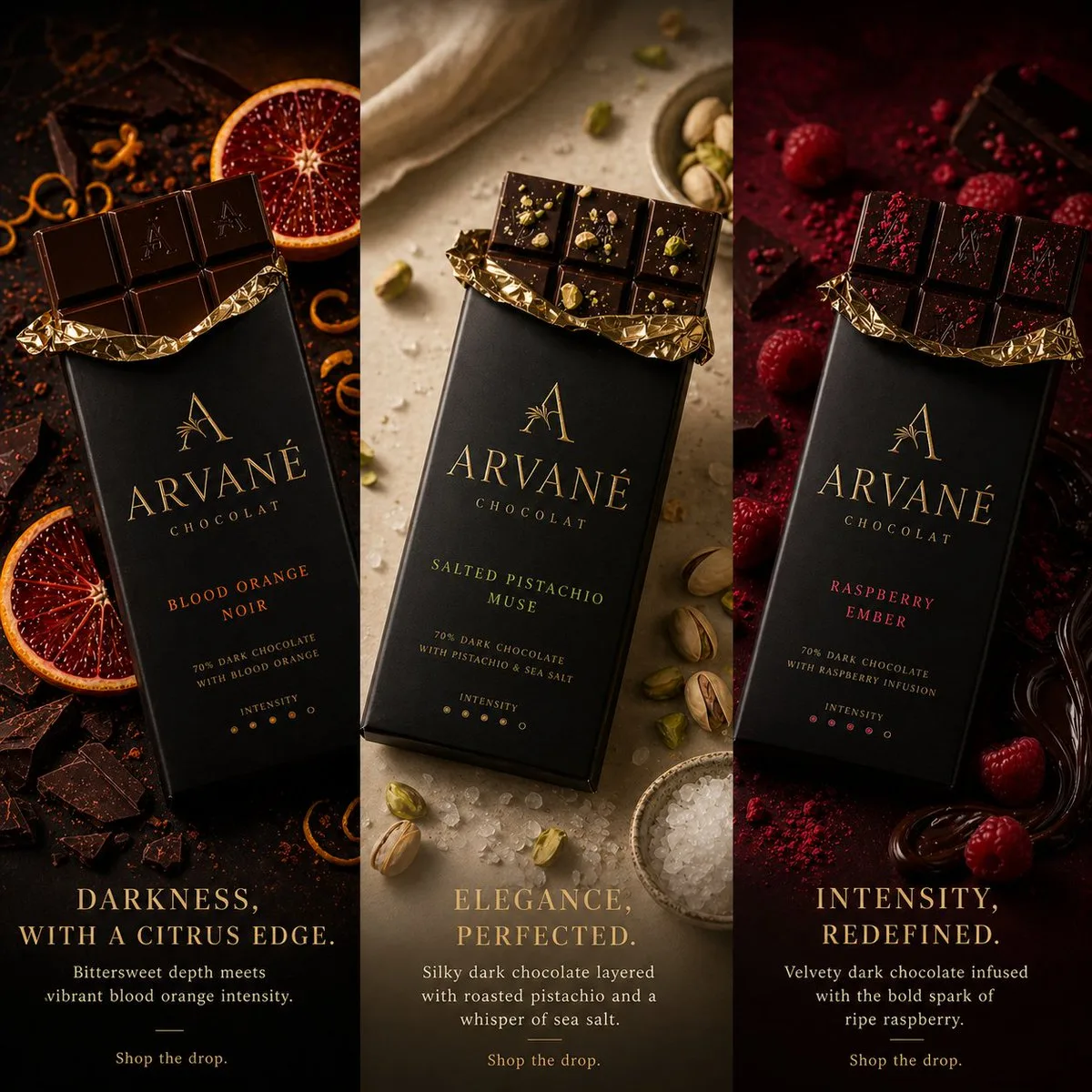 Luxury Noirvelle Chocolat bars in matte black packaging with gold foil accents.