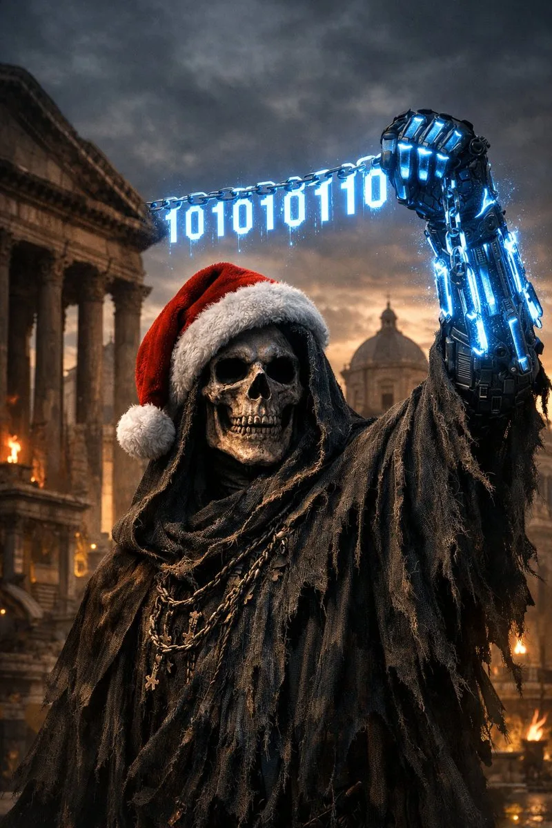 Grim Reaper with Santa hat and glowing blue digital armor in ancient Rome