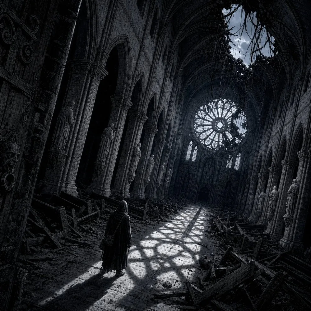 A hooded traveler on a moonlit path inside a ruined Gothic cathedral.