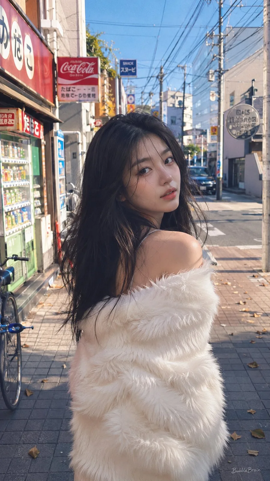 A stylish young woman posing on a Tokyo street with a vintage film aesthetic.