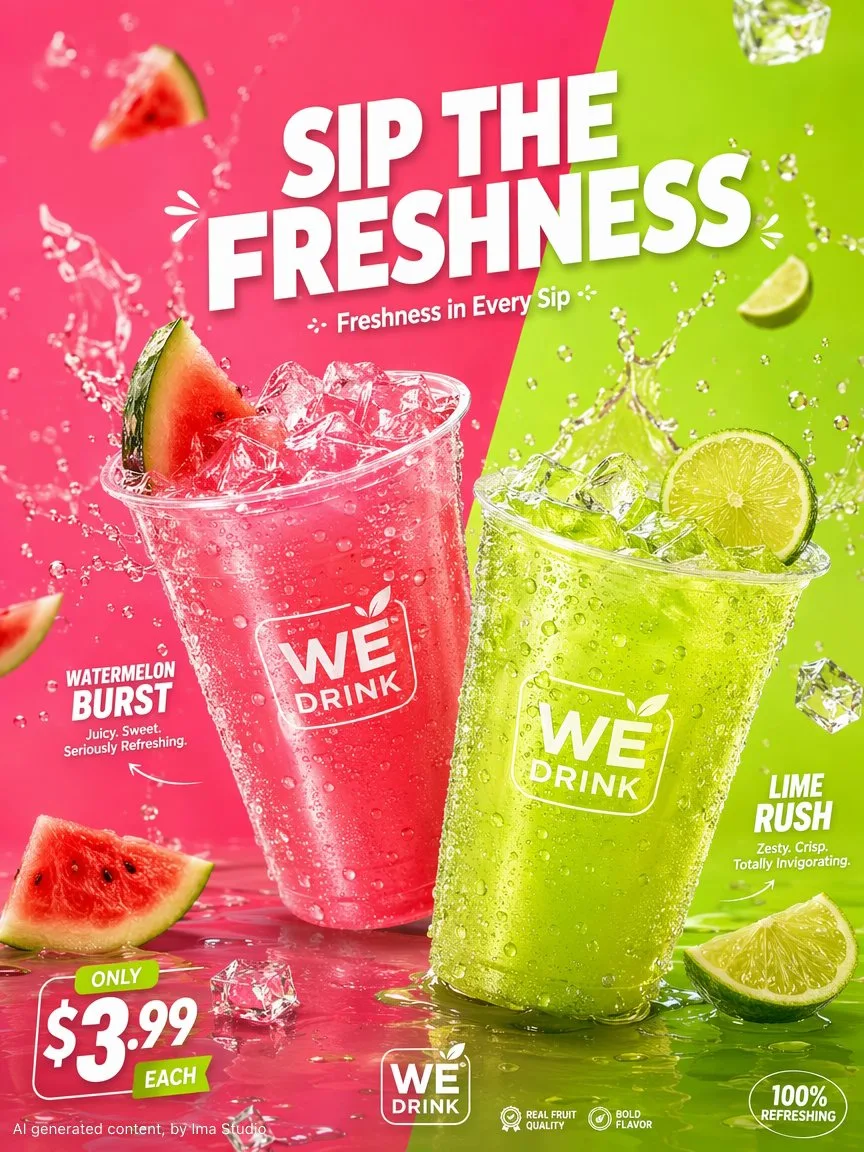 Two refreshing watermelon and lime drinks with ice and fruit slices on a split-color background.