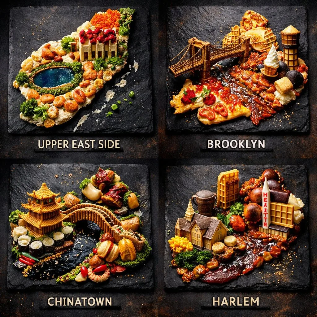 Food art grid of New York neighborhoods made from signature dishes and ingredients.