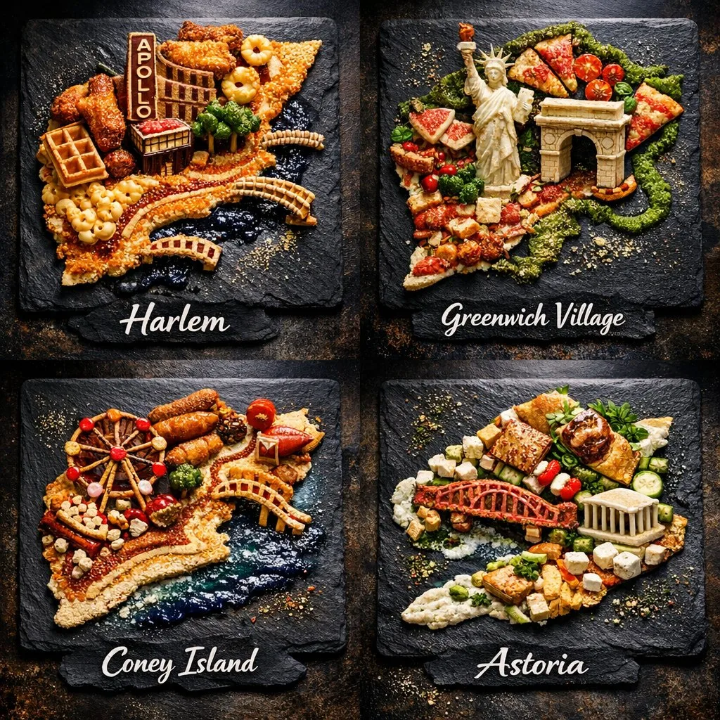 Food art grid of New York neighborhoods made from signature dishes and ingredients. (2)