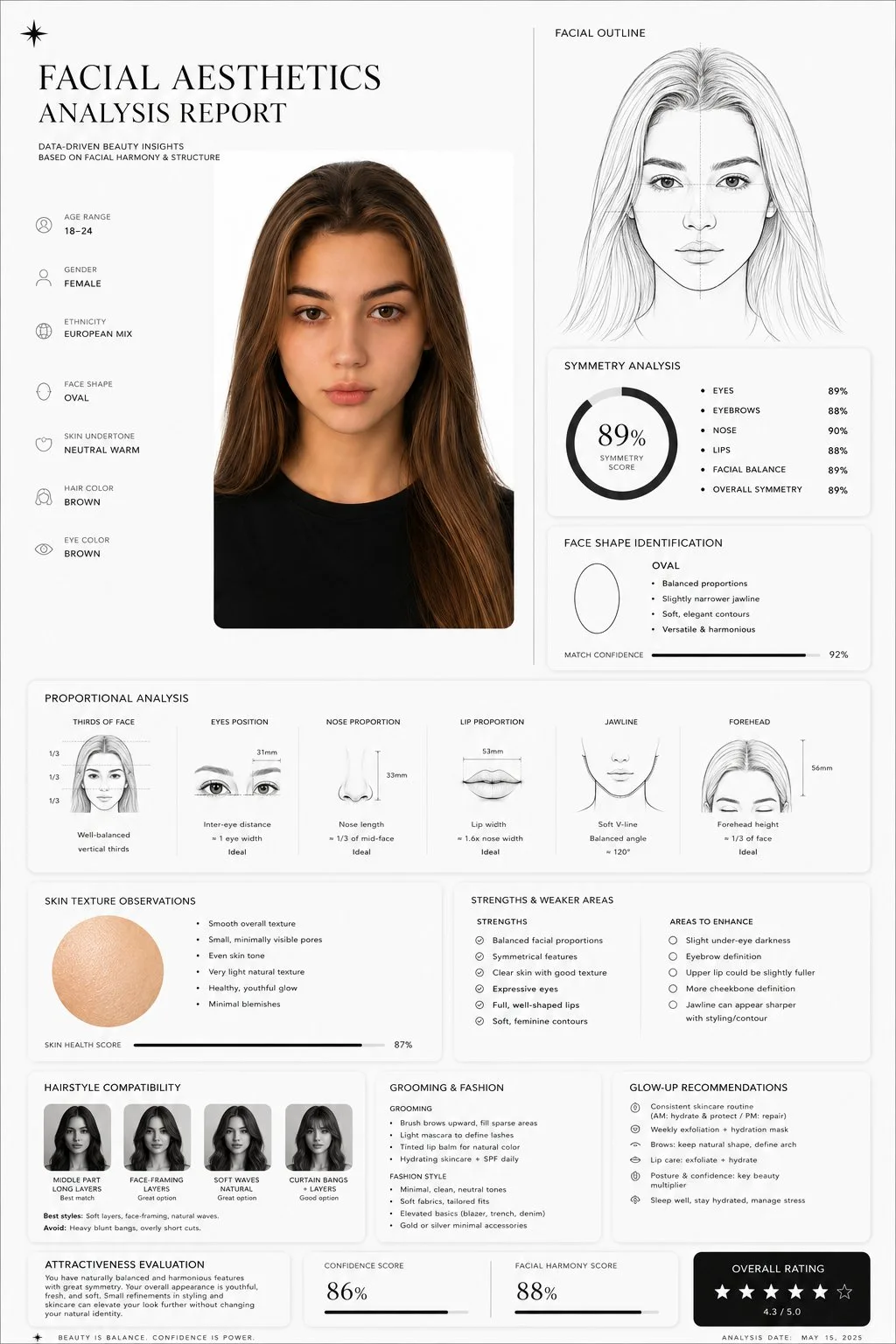 Minimalist black and white luxury facial aesthetics analysis UI dashboard.
