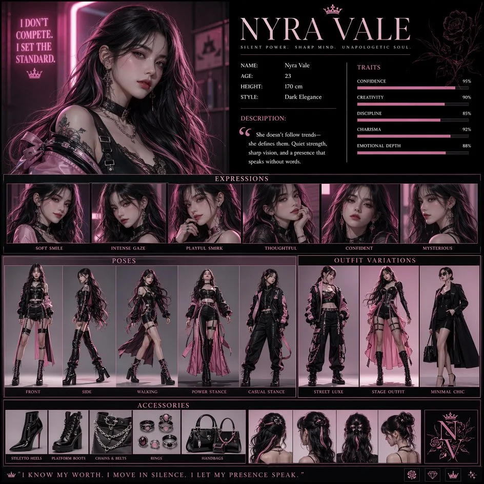 Character concept poster of a stylish young woman with dark hair and pink highlights.