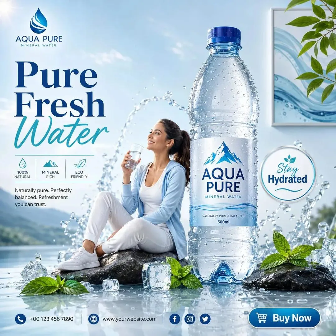 A stylish model posing with a premium product in a vibrant tropical advertising setting.