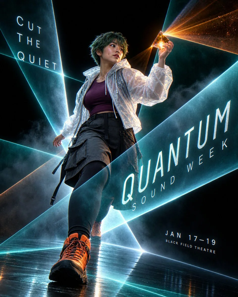 A person standing in a dark theater sliced by six volumetric laser light planes.