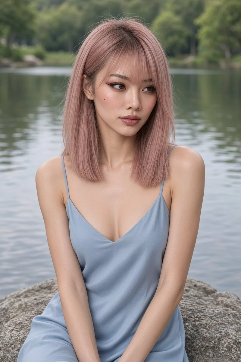 Photorealistic close-up of an East Asian woman sitting on a rock in a serene lake.