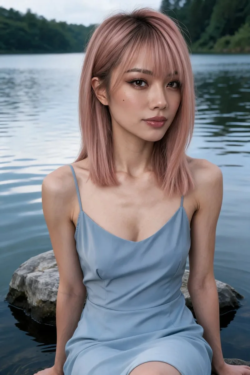 Photorealistic close-up of an East Asian woman sitting on a rock in a serene lake. (2)