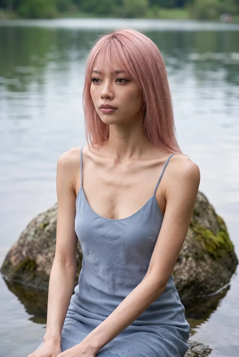 Photorealistic close-up of an East Asian woman sitting on a rock in a serene lake. (3)