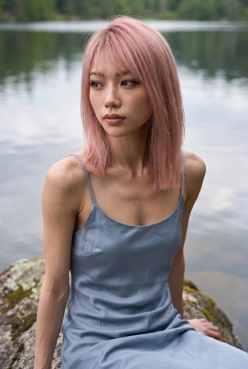 Photorealistic close-up of an East Asian woman sitting on a rock in a serene lake. (4)