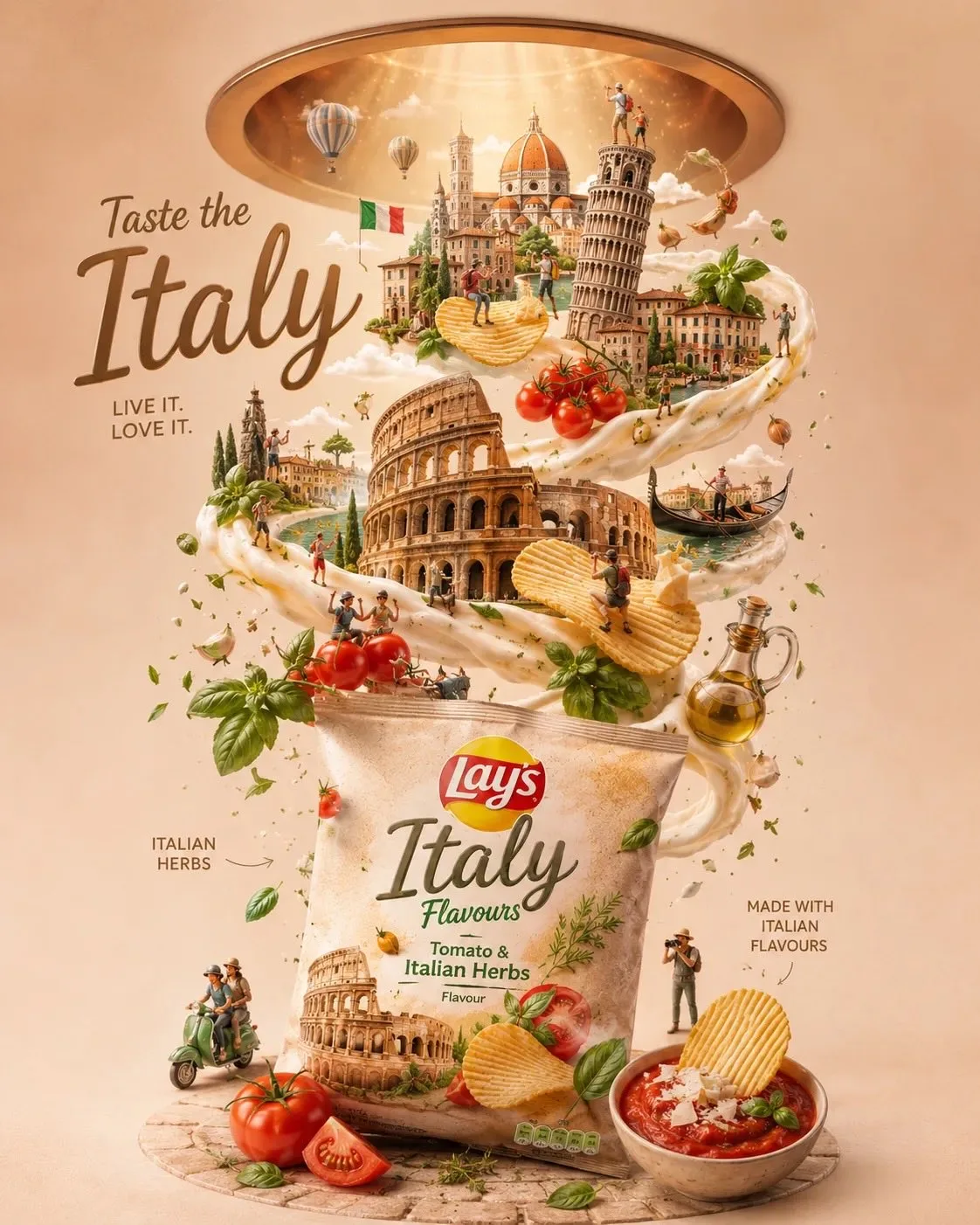 Luxury travel food advertisement poster with a chips packet and iconic landmarks in a vertical composition.