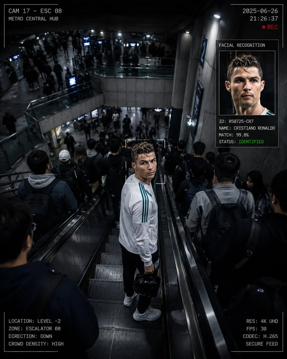CCTV surveillance footage of a commuter looking into a security camera in a subway station.