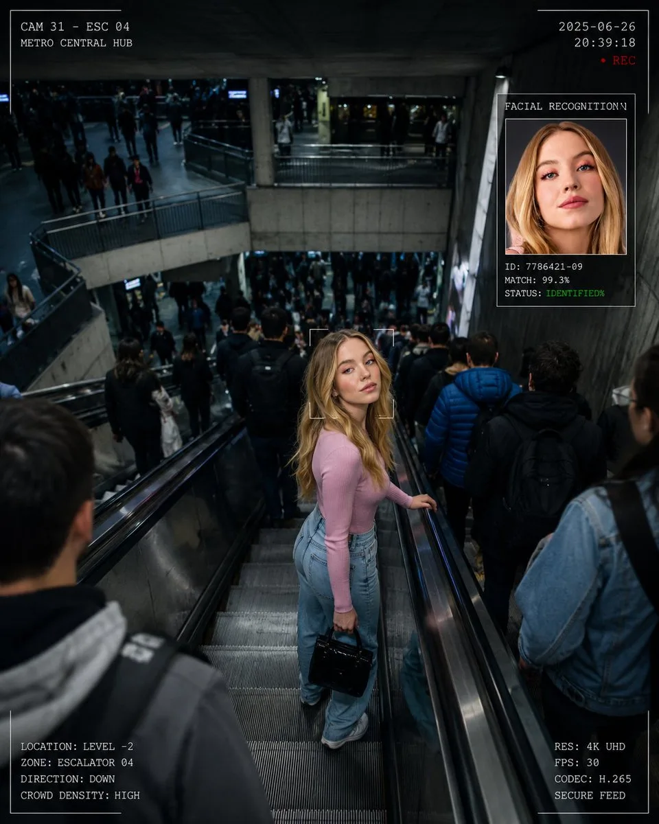 CCTV surveillance footage of a commuter looking into a security camera in a subway station. (4)