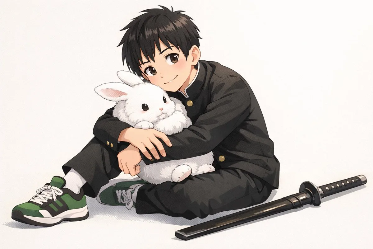Anime exorcist with fluffy rabbit ears and rabbit familiar wanting to take a bath.
