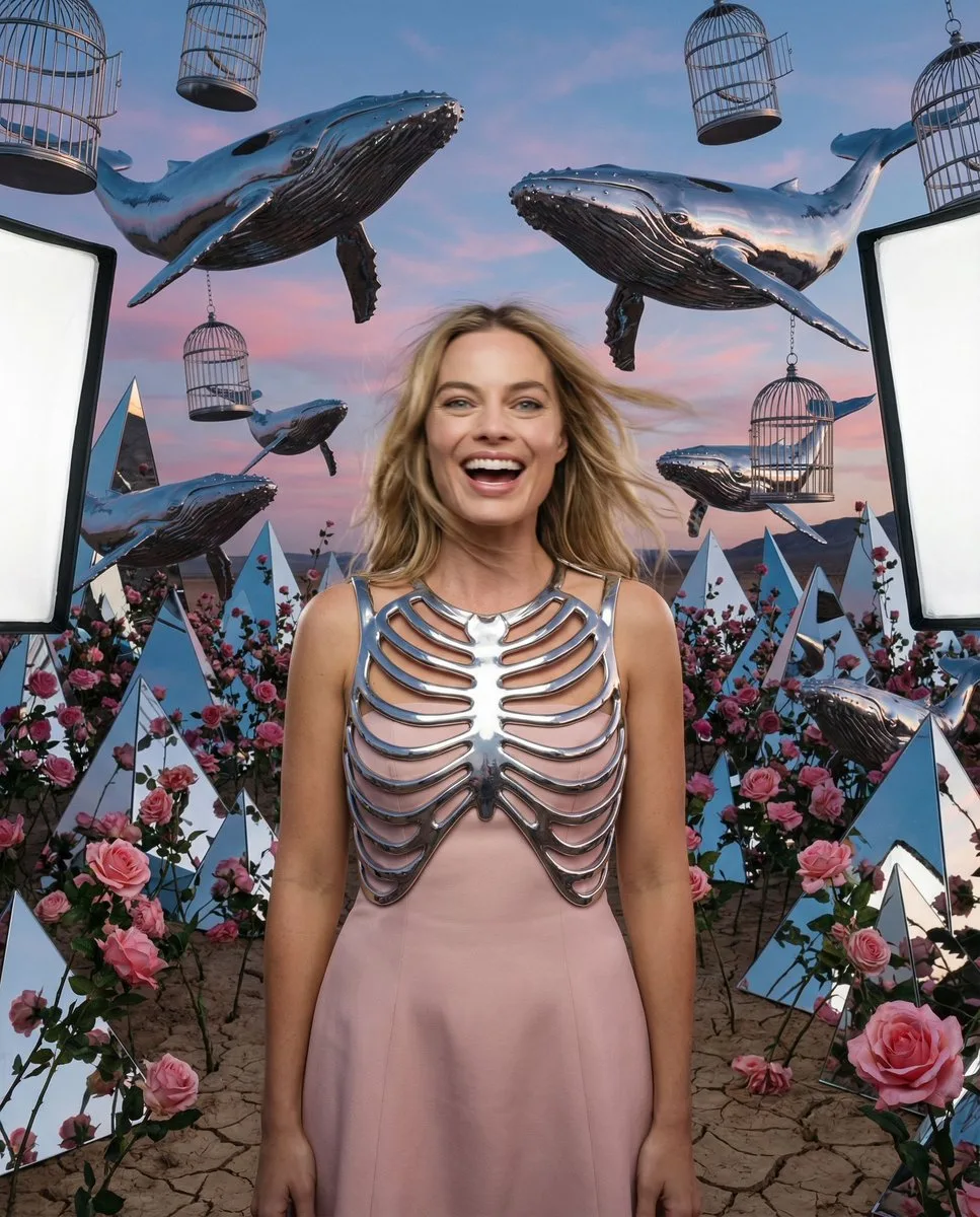 A woman laughing in a surreal desert landscape with floating chrome whales and mirror pyramids.