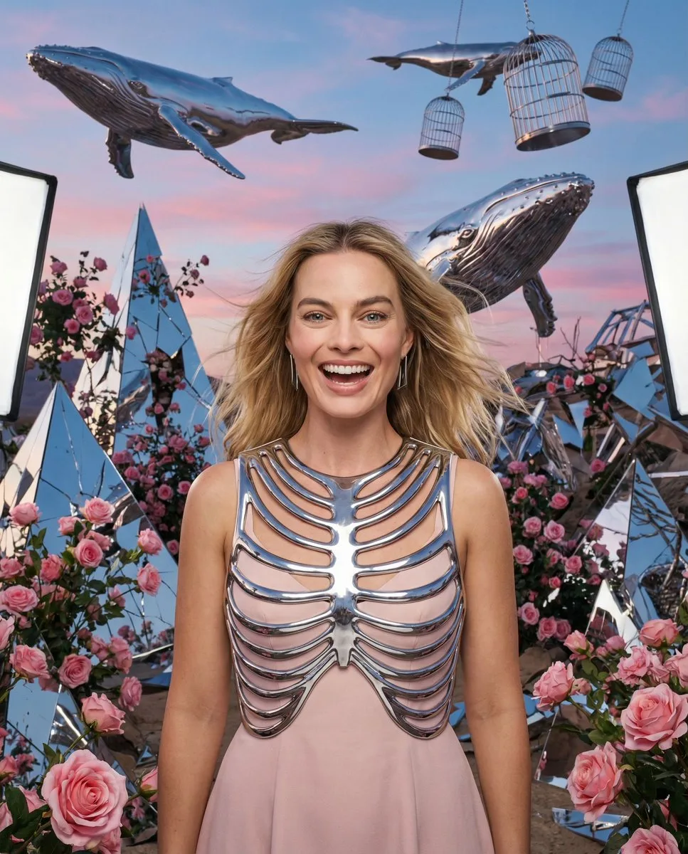 A woman laughing in a surreal desert landscape with floating chrome whales and mirror pyramids. (3)