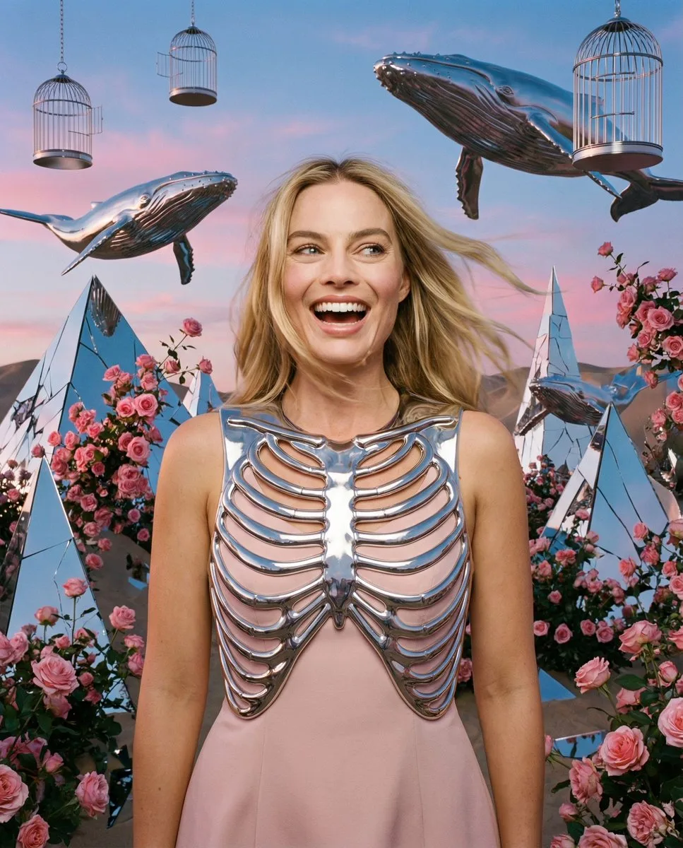 A woman laughing in a surreal desert landscape with floating chrome whales and mirror pyramids. (4)