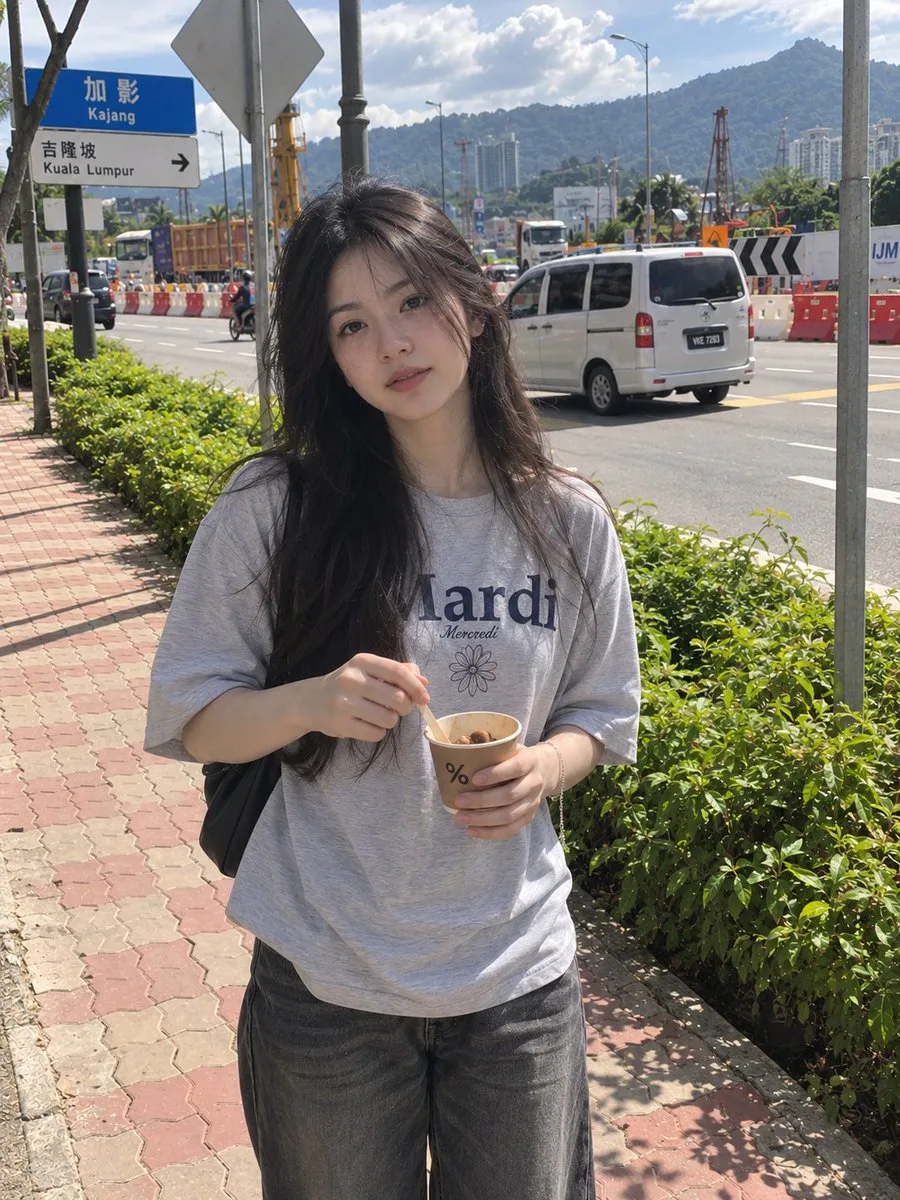 A young woman holding a coffee cup standing on a sidewalk near road construction.