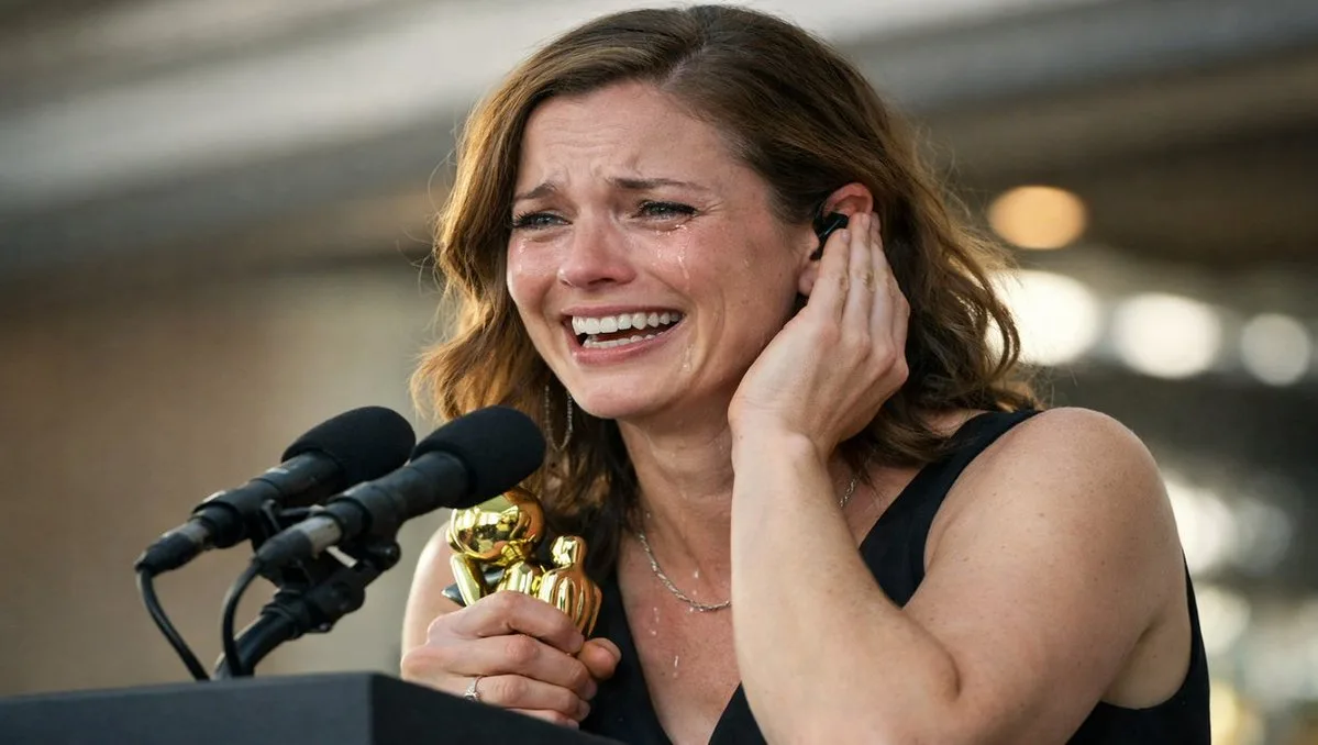Person crying tears of joy at a podium while receiving bad news. (2)
