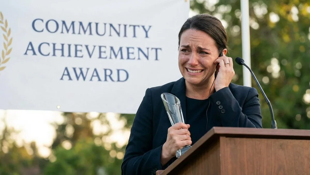 Person crying tears of joy at a podium while receiving bad news. (3)