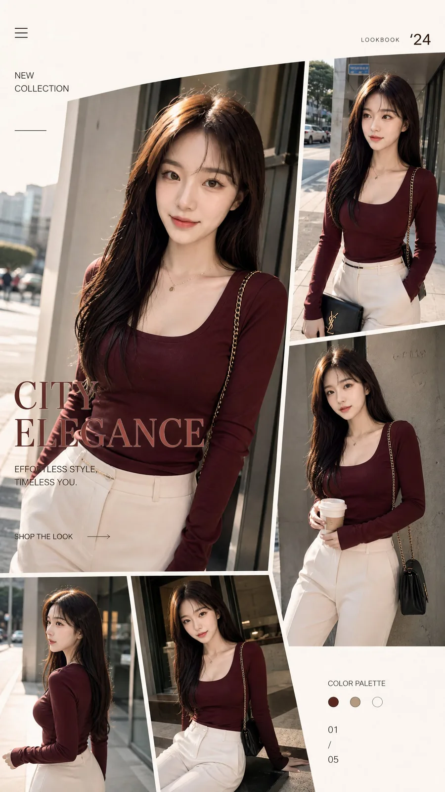 Fashion model in burgundy top and ivory pants in a dynamic studio collage.