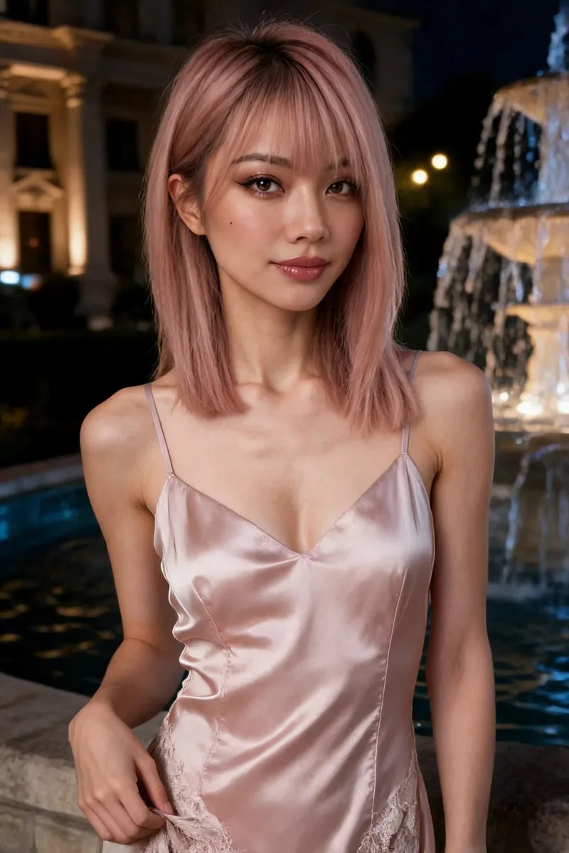 Young East Asian woman in pink satin dress near fountain at night with golden lights.