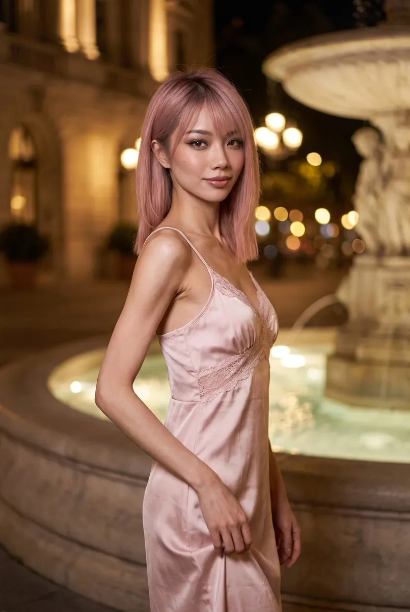 Young East Asian woman in pink satin dress near fountain at night with golden lights. (2)