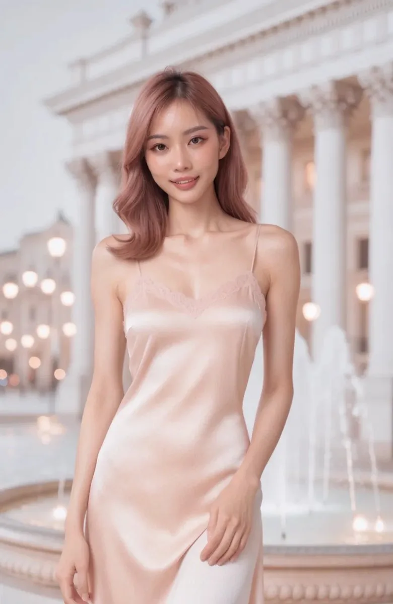 Young East Asian woman in pink satin dress near fountain at night with golden lights. (3)