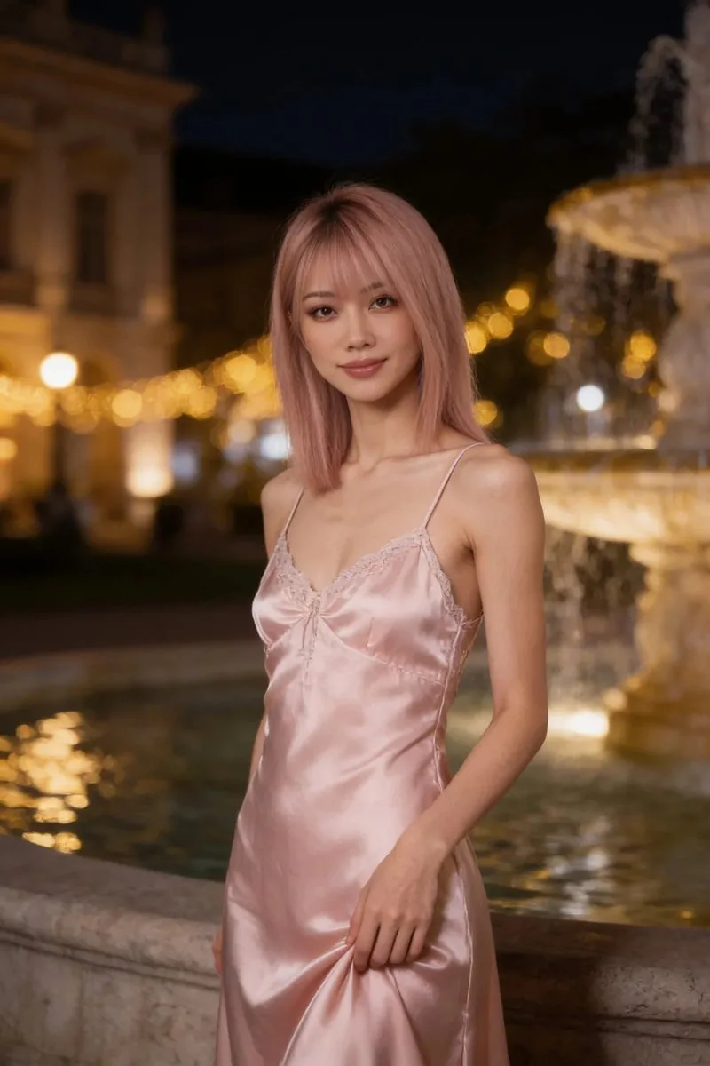 Young East Asian woman in pink satin dress near fountain at night with golden lights. (4)