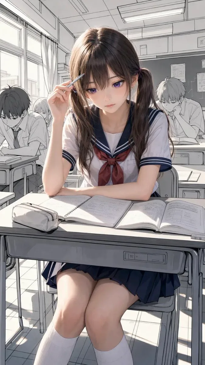 Anime schoolgirl with twin tails studying at a desk in a manga-style classroom.