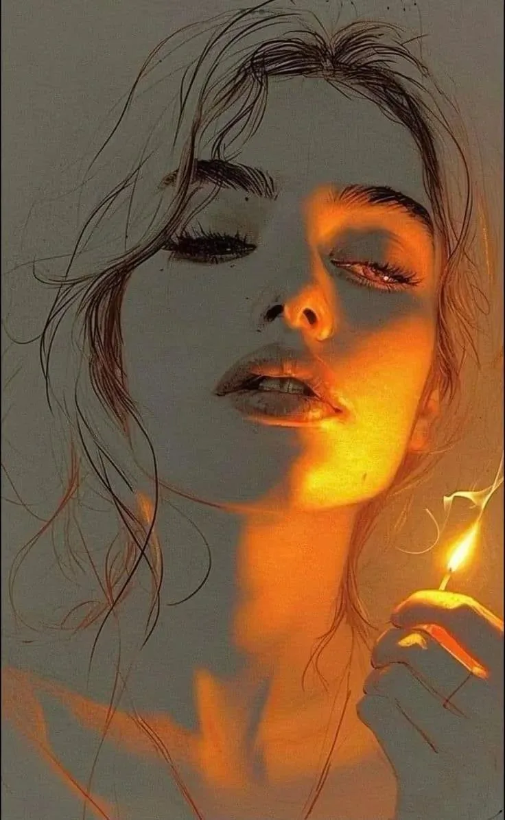 A woman with closed eyes holding a lit match, illuminated by warm, dramatic light.