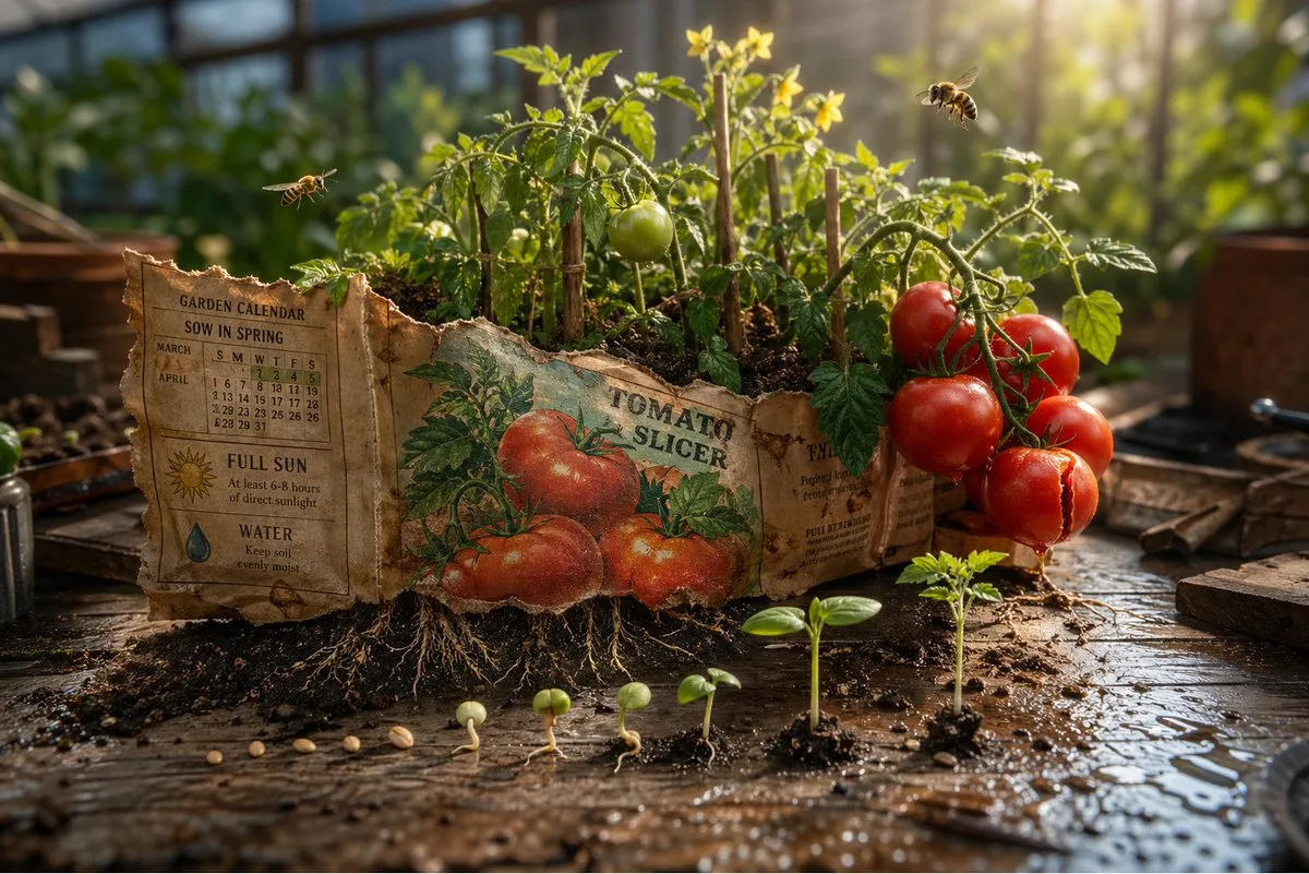 A magical seed packet blooming into a miniature garden on a potting bench.