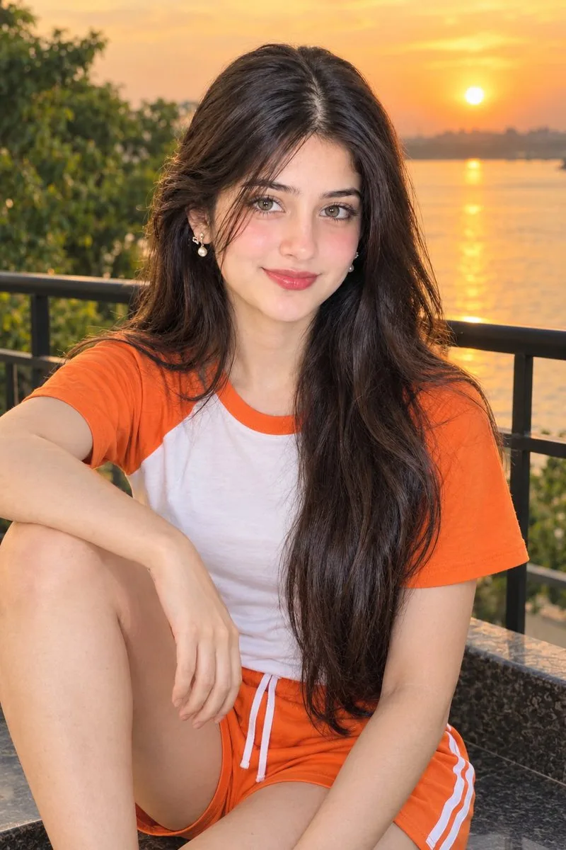 Young woman in sporty attire sitting on a balcony overlooking a river at sunset.
