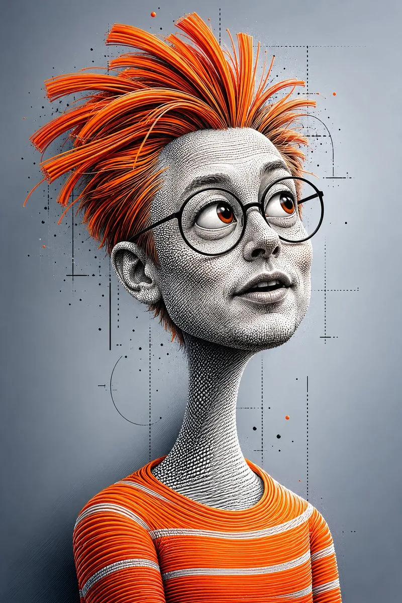 A 3D caricature portrait with spiky orange hair and intricate bead textures.