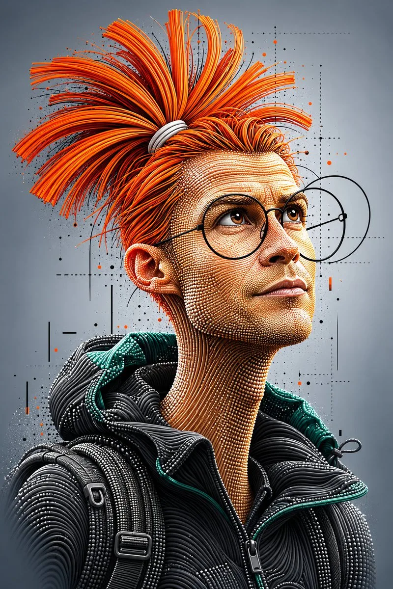 A 3D caricature portrait with spiky orange hair and intricate bead textures. (3)