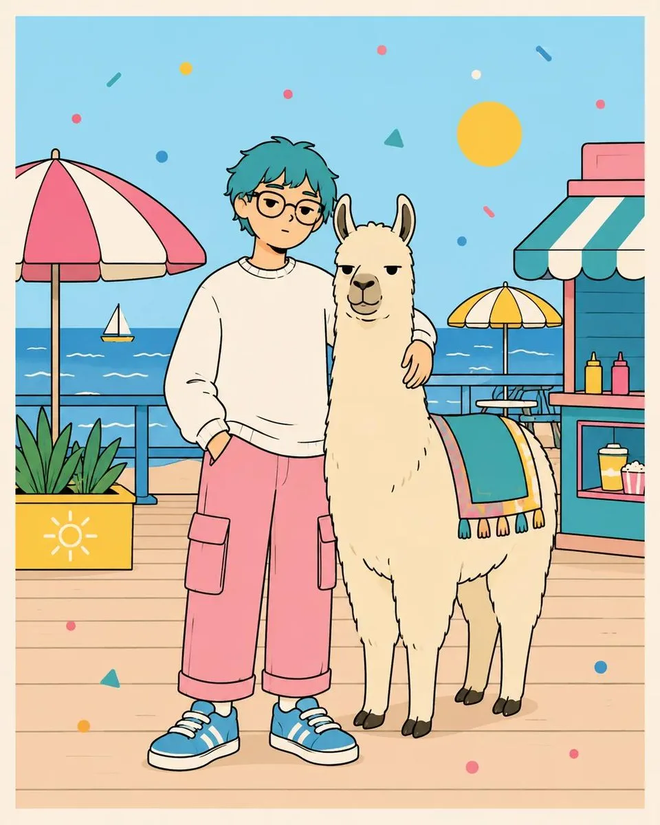 Cute minimalist kawaii character with an animal companion in pastel colors.